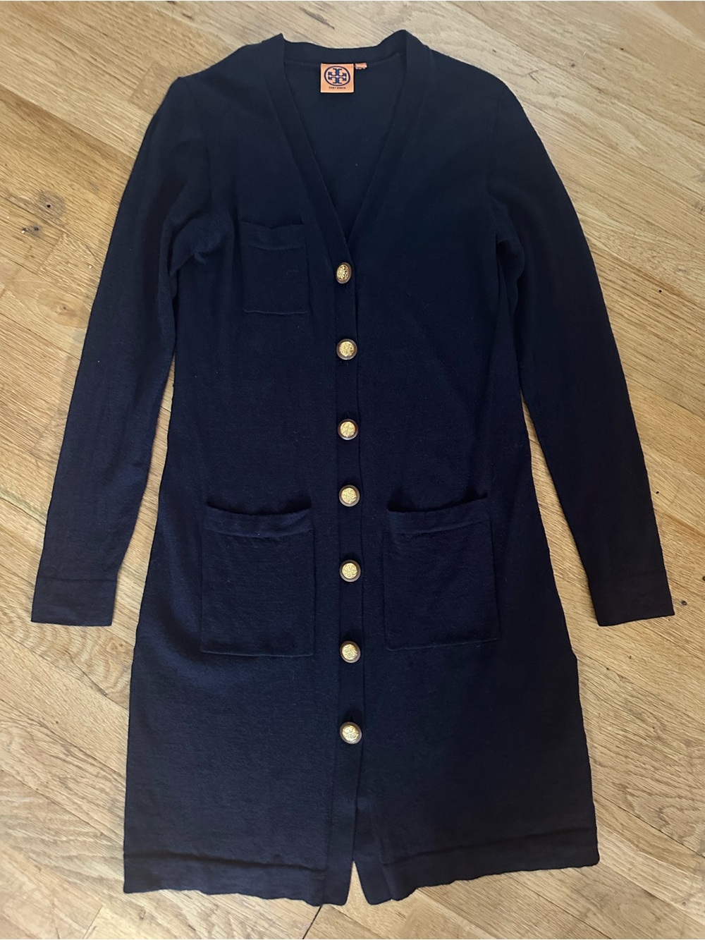 TORY BURCH wool long cardigan in navy blue color